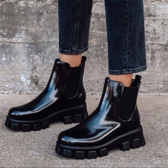 Shoes - Black Patent Pull On Chelsea Lug Sole Boots